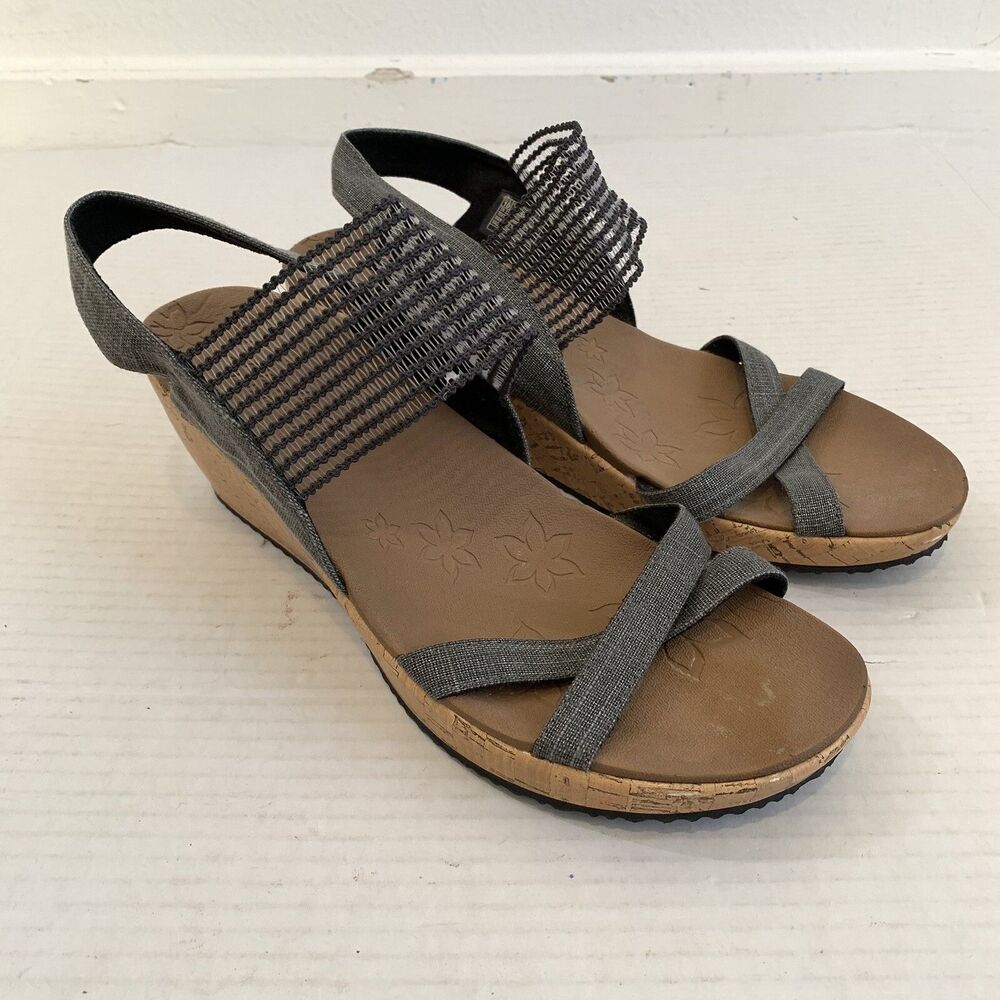 Skechers Womens 10 Sandals Wedge Heel Grey‎ Cross Strap Rumbler Luxe Foam